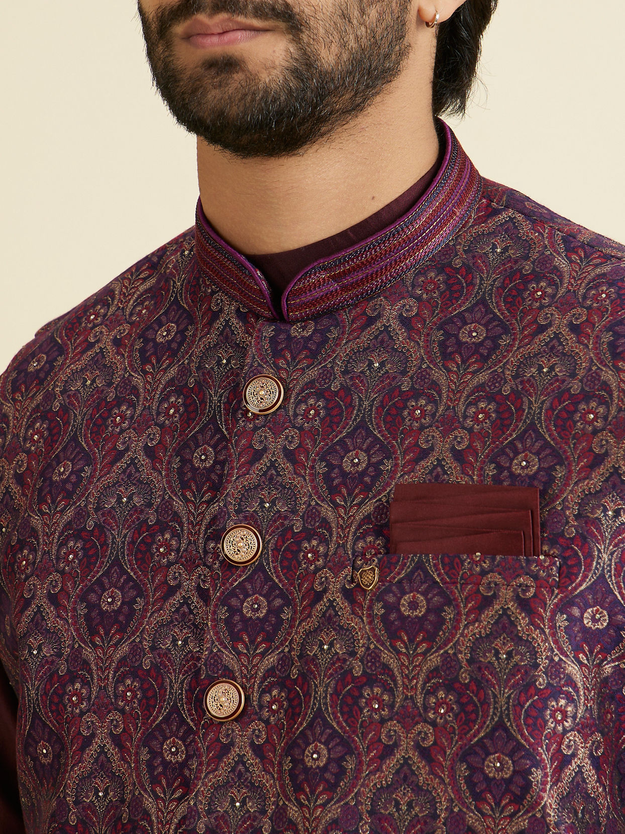 Manyavar Men Wine-Toned Opulent Nehru Jacket