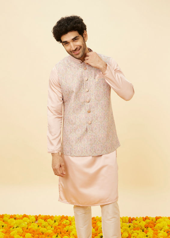 alt message - Manyavar Men Rose Pink Bel Buti Patterned Jacket