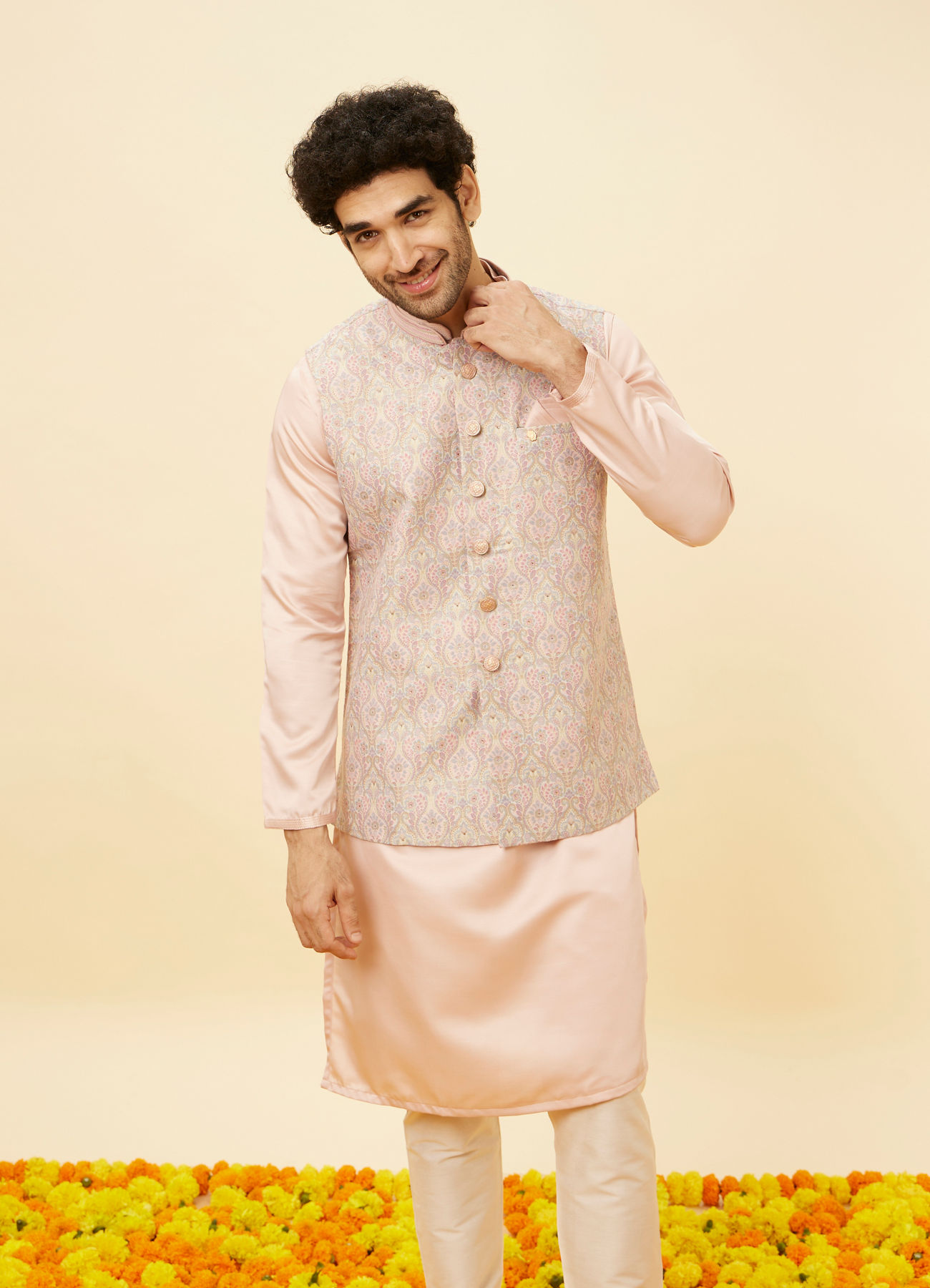 Manyavar Men Rose Pink Bel Buti Patterned Jacket