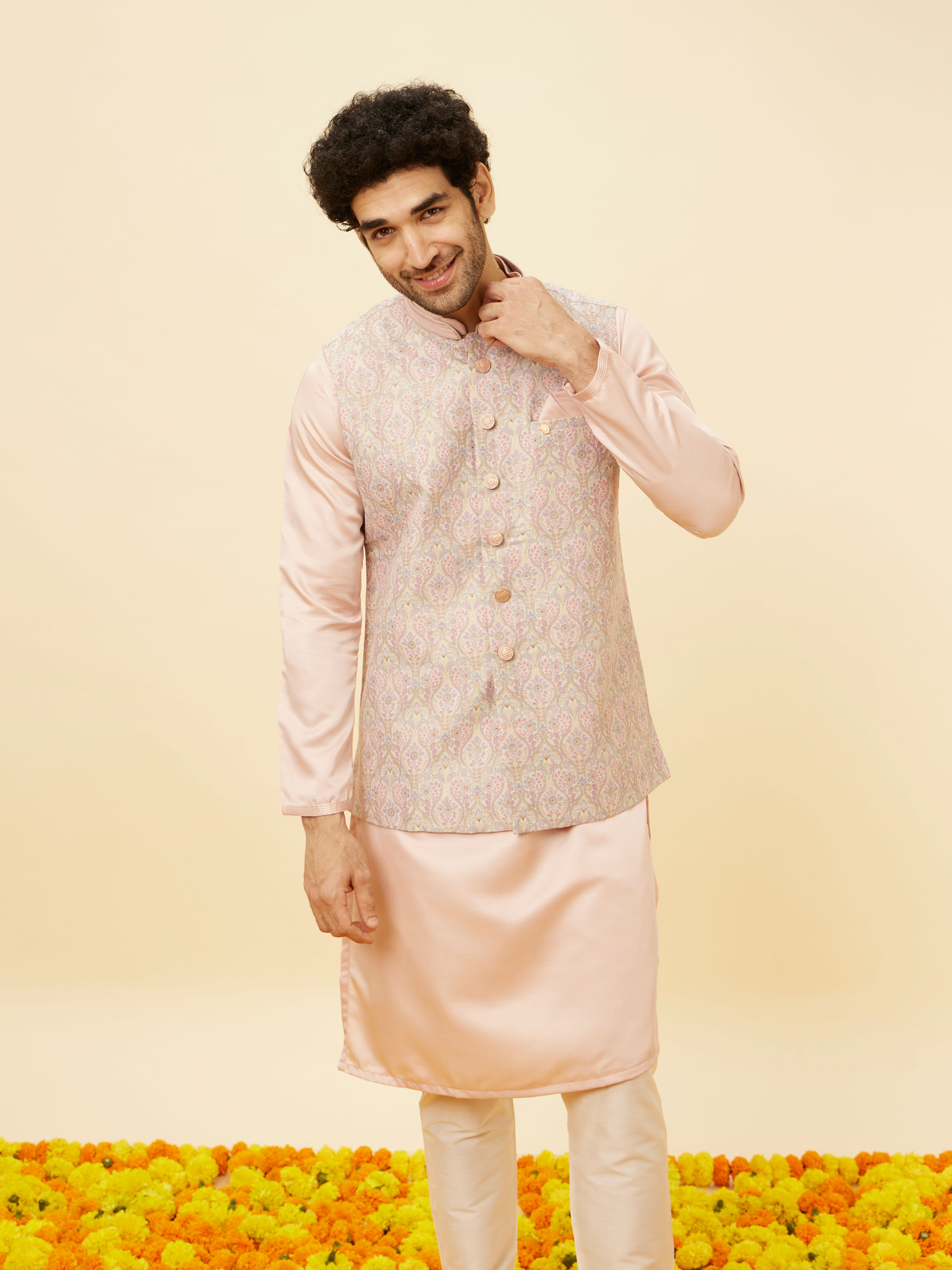 Manyavar Men Rose Pink Bel Buti Patterned Jacket