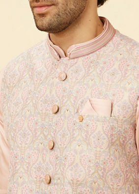 alt message - Manyavar Men Rose Pink Bel Buti Patterned Jacket image number 1