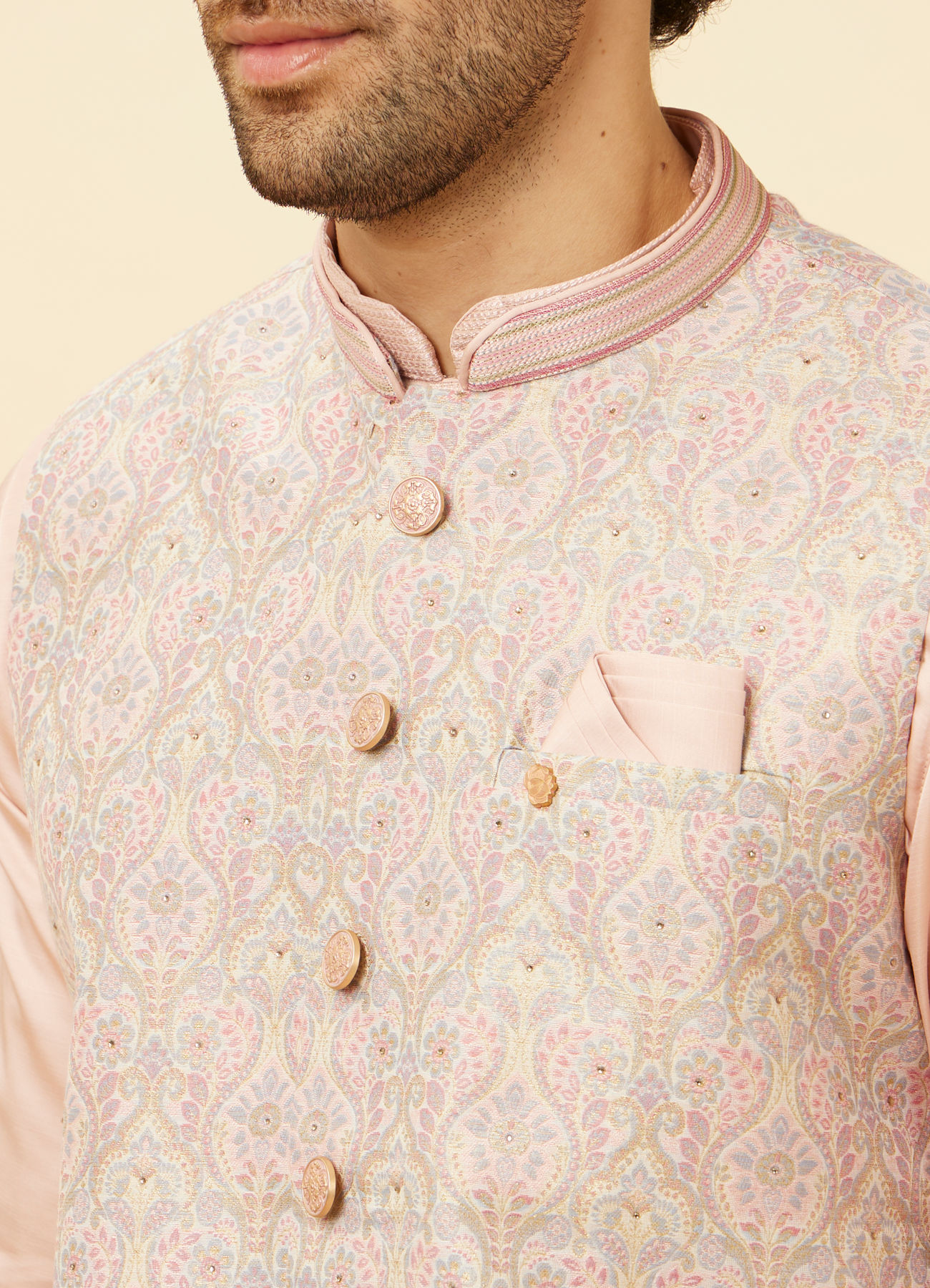 Manyavar Men Rose Pink Bel Buti Patterned Jacket