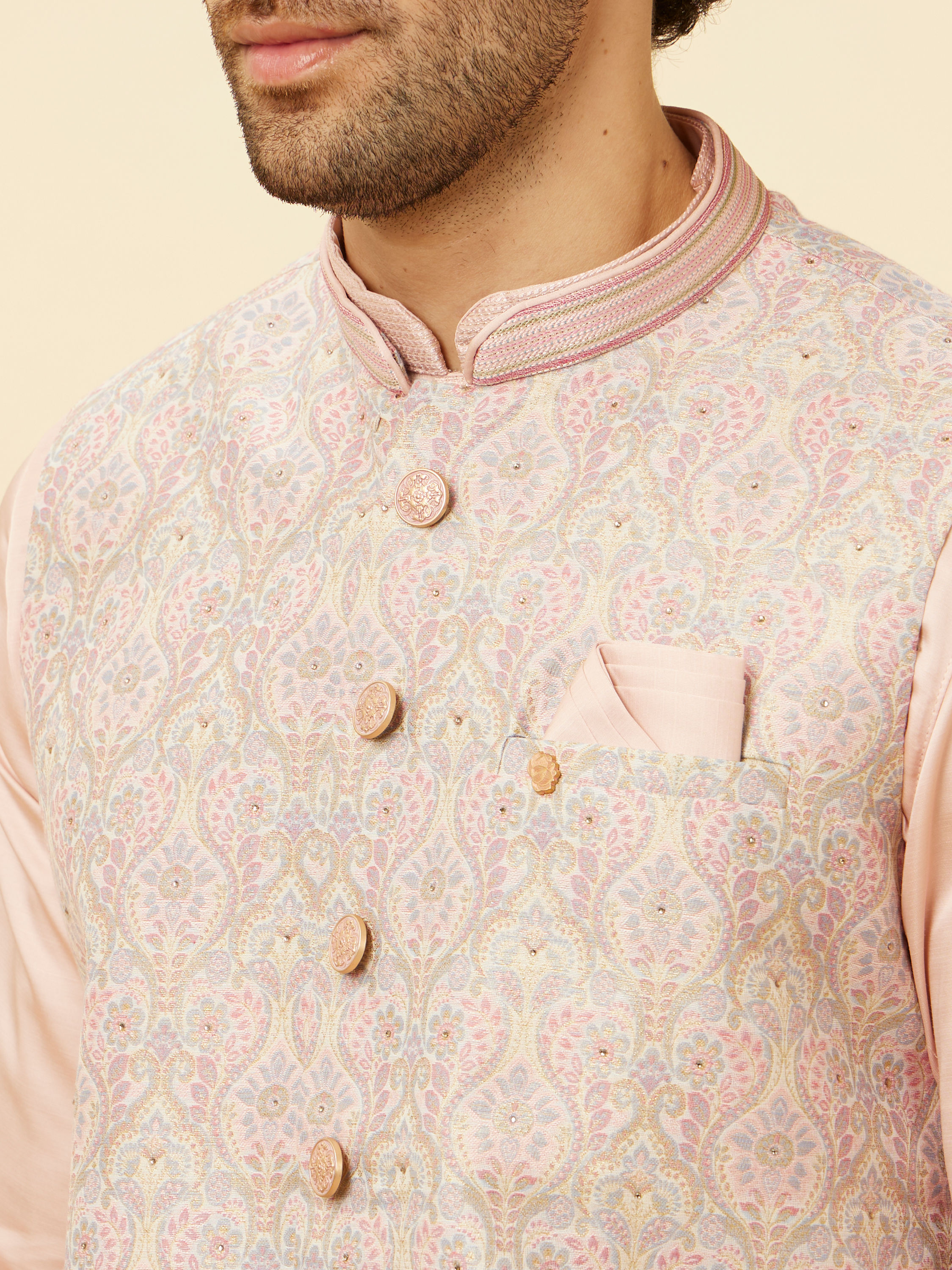 Manyavar Men Rose Pink Bel Buti Patterned Jacket