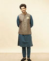 alt message - Manyavar Men Blue Grey Petal Jaal Patterned Jacket image number 2