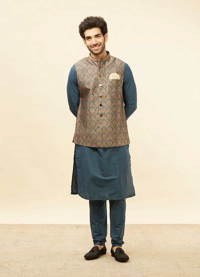 alt message - Manyavar Men Blue Grey Petal Jaal Patterned Jacket image number 2