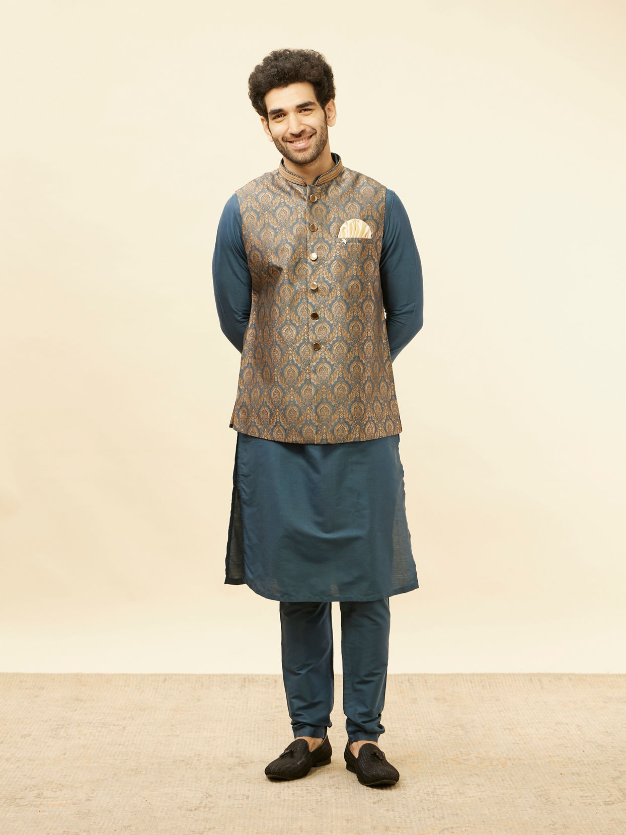 alt message - Manyavar Men Blue Grey Petal Jaal Patterned Jacket image number 2