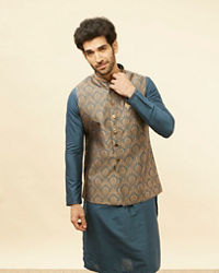 Manyavar Men Blue Grey Petal Jaal Patterned Jacket