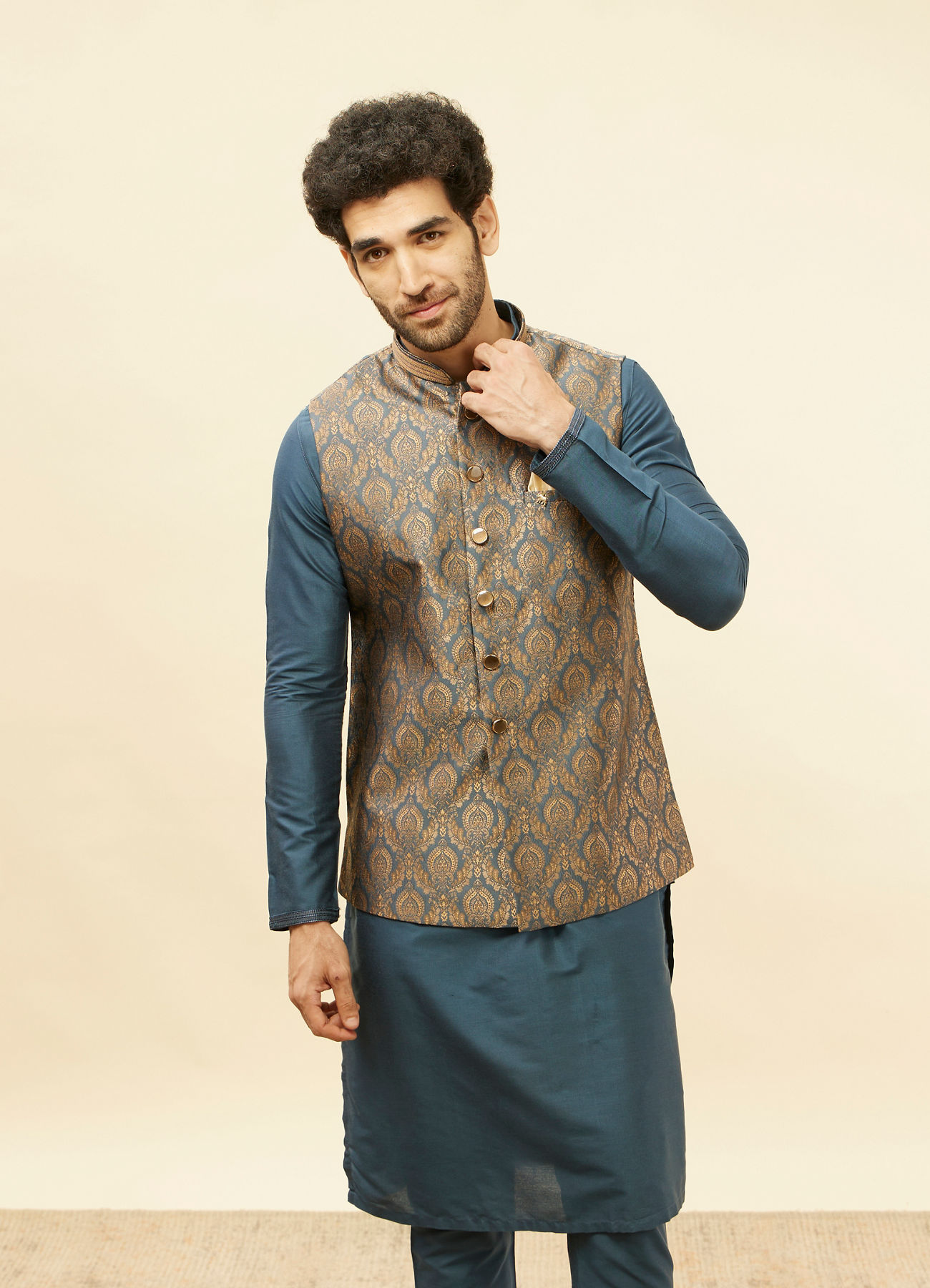 Manyavar Men Blue Grey Petal Jaal Patterned Jacket