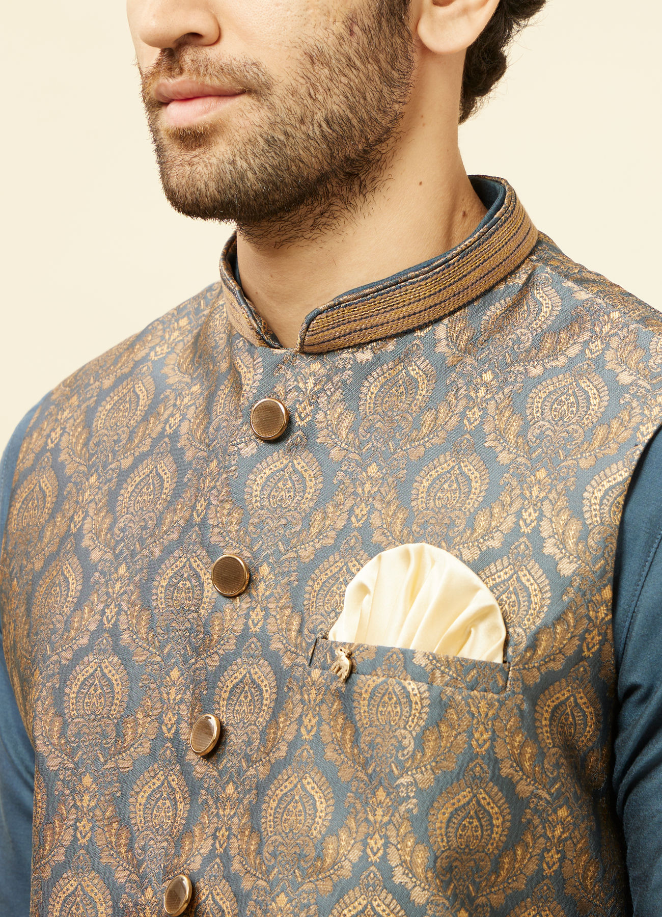 Manyavar Men Blue Grey Petal Jaal Patterned Jacket