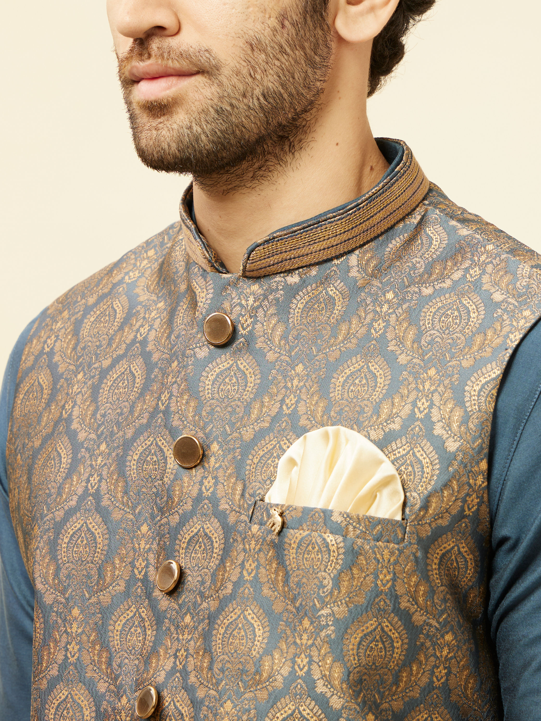 Manyavar Men Blue Grey Petal Jaal Patterned Jacket