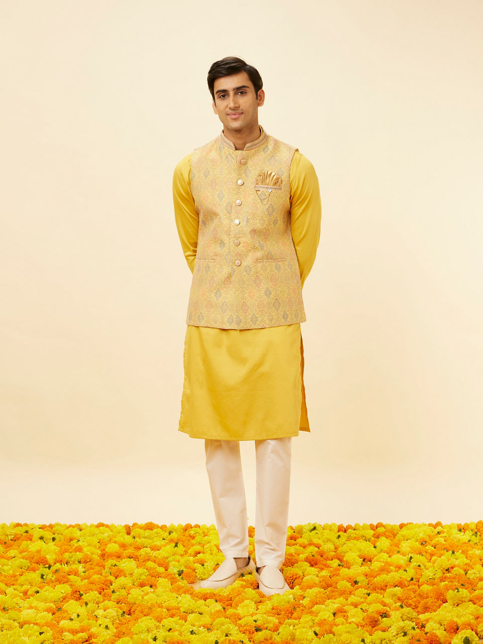 Manyavar Men Marigold Yellow Shankh Motif Jacket