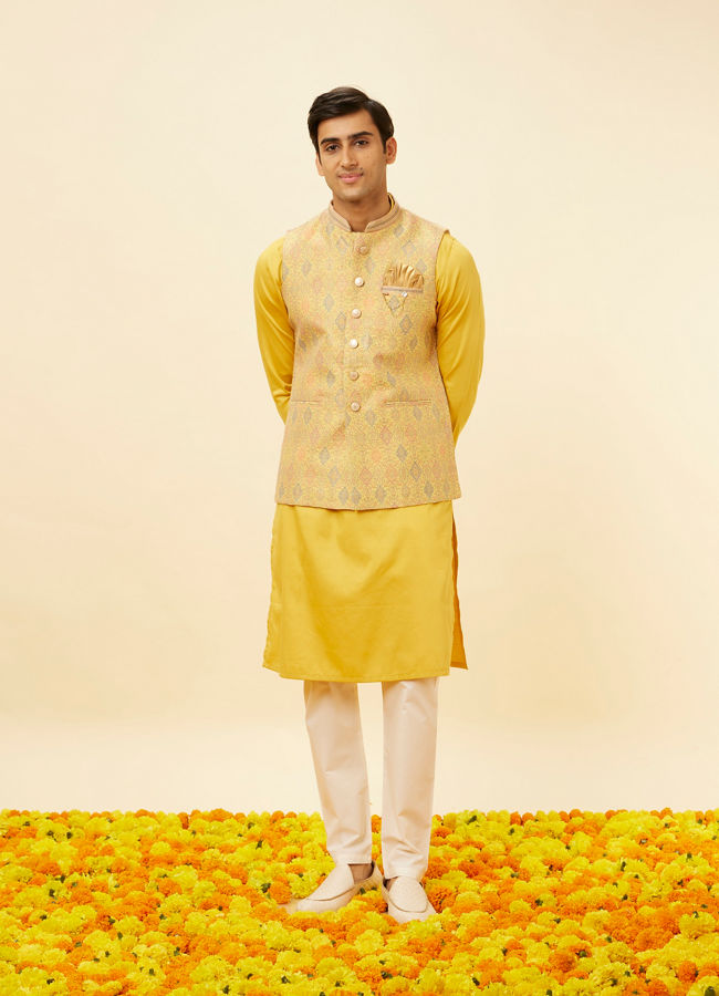 alt message - Manyavar Men Marigold Yellow Shankh Motif Jacket image number 2