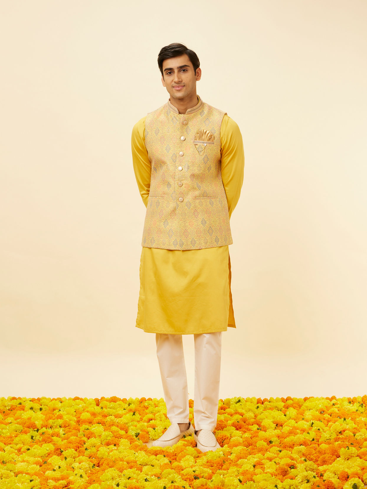 alt message - Manyavar Men Marigold Yellow Shankh Motif Jacket image number 2