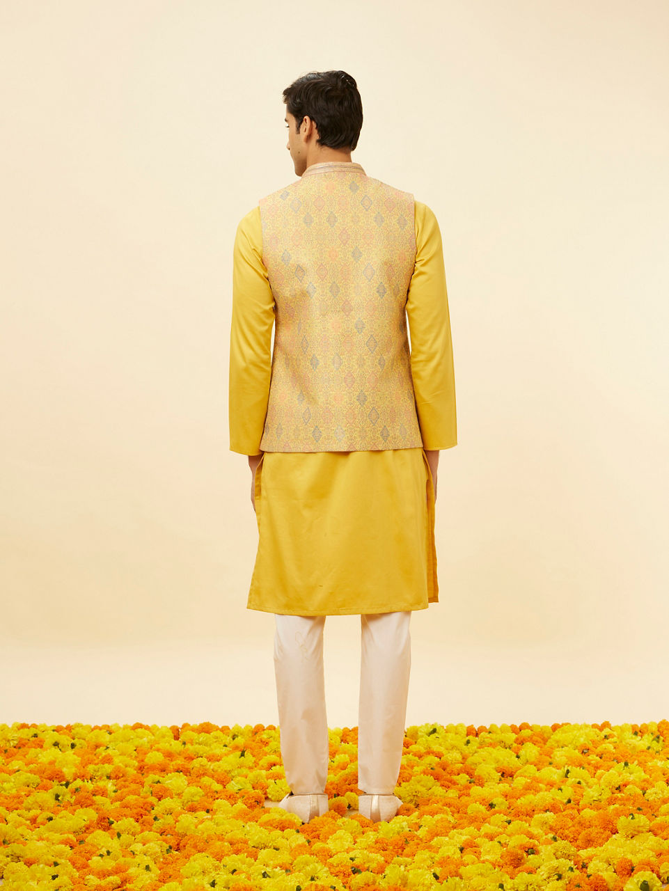 Manyavar Men Marigold Yellow Shankh Motif Jacket