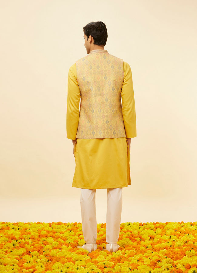 alt message - Manyavar Men Marigold Yellow Shankh Motif Jacket image number 3