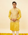 alt message - Manyavar Men Marigold Yellow Shankh Motif Jacket image number 0