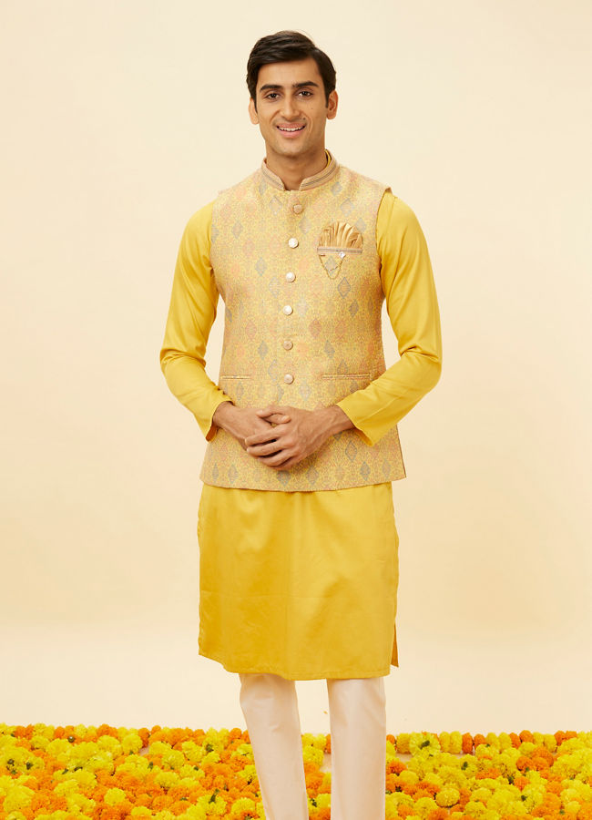 alt message - Manyavar Men Marigold Yellow Shankh Motif Jacket image number 0