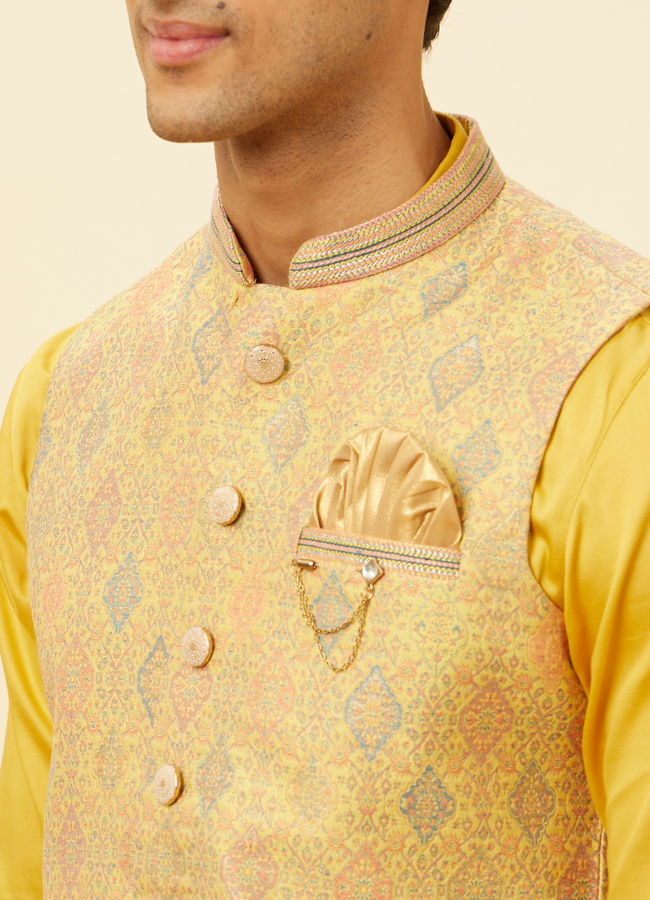 alt message - Manyavar Men Marigold Yellow Shankh Motif Jacket image number 1
