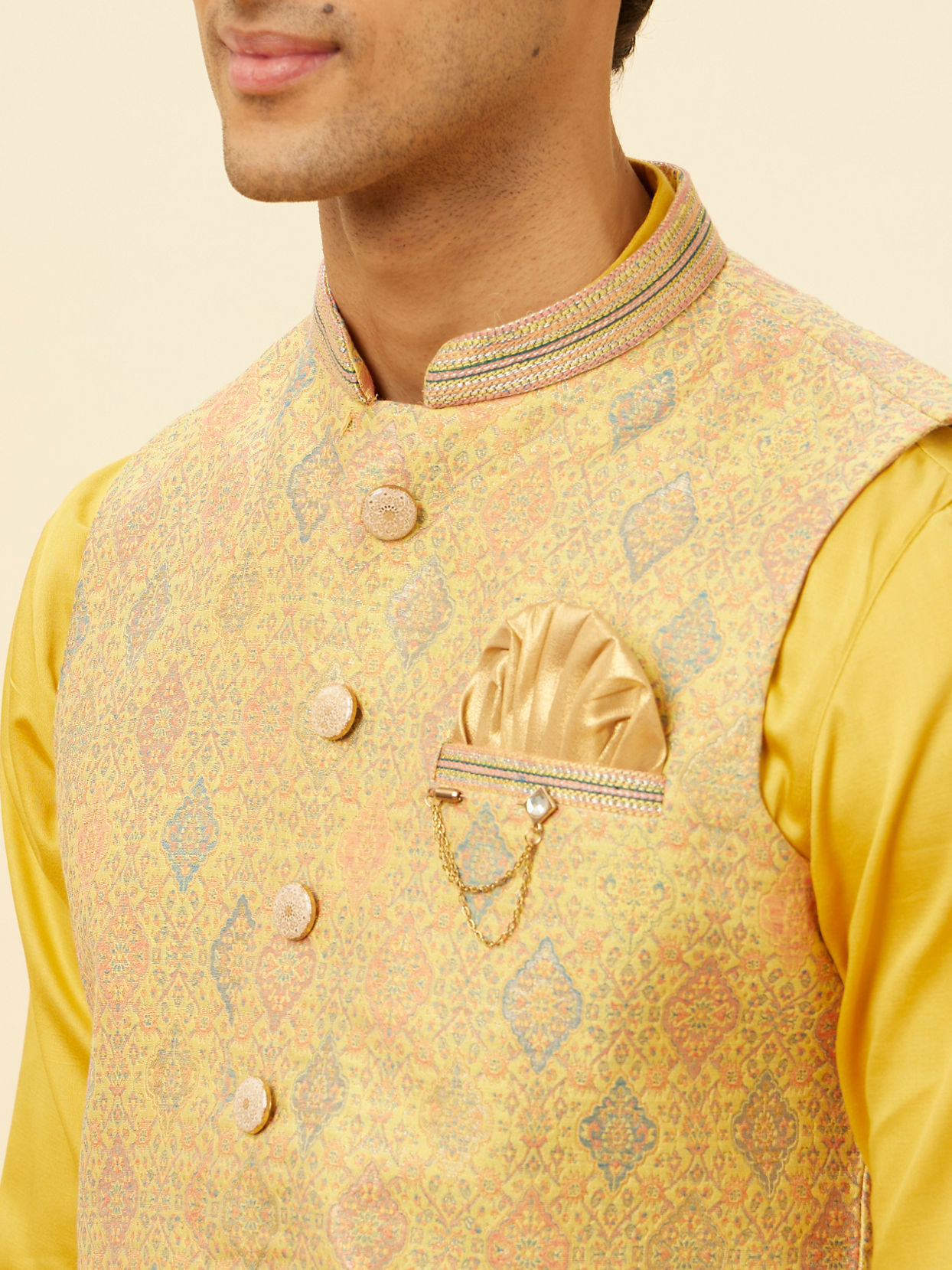 alt message - Manyavar Men Marigold Yellow Shankh Motif Jacket image number 1
