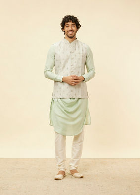 Manyavar Men Pistachio Green Buta Jaal Patterned Jacket image number 2