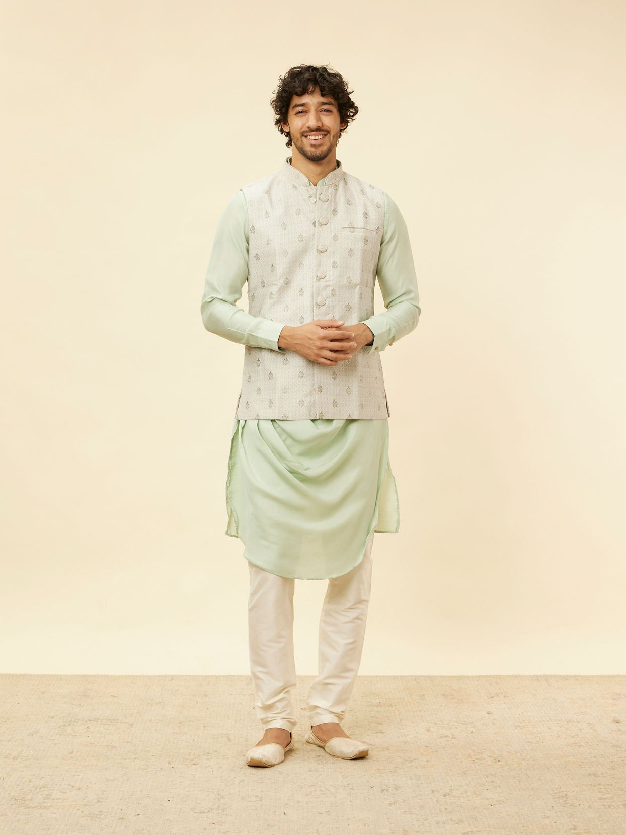 Manyavar Men Pistachio Green Buta Jaal Patterned Jacket