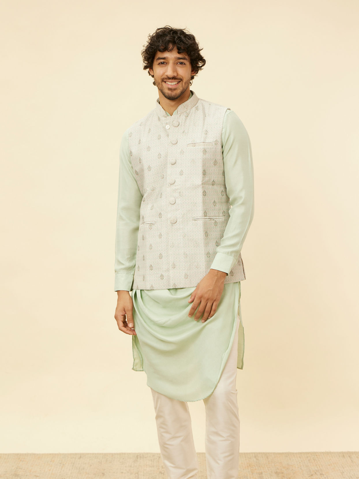 Manyavar Men Pistachio Green Buta Jaal Patterned Jacket
