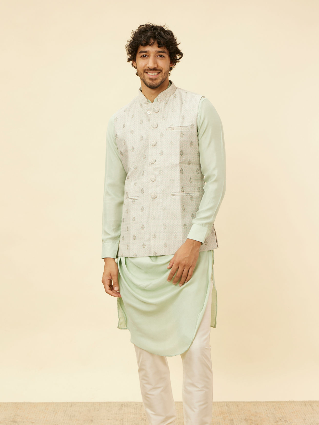 Manyavar Men Pistachio Green Buta Jaal Patterned Jacket image number 0