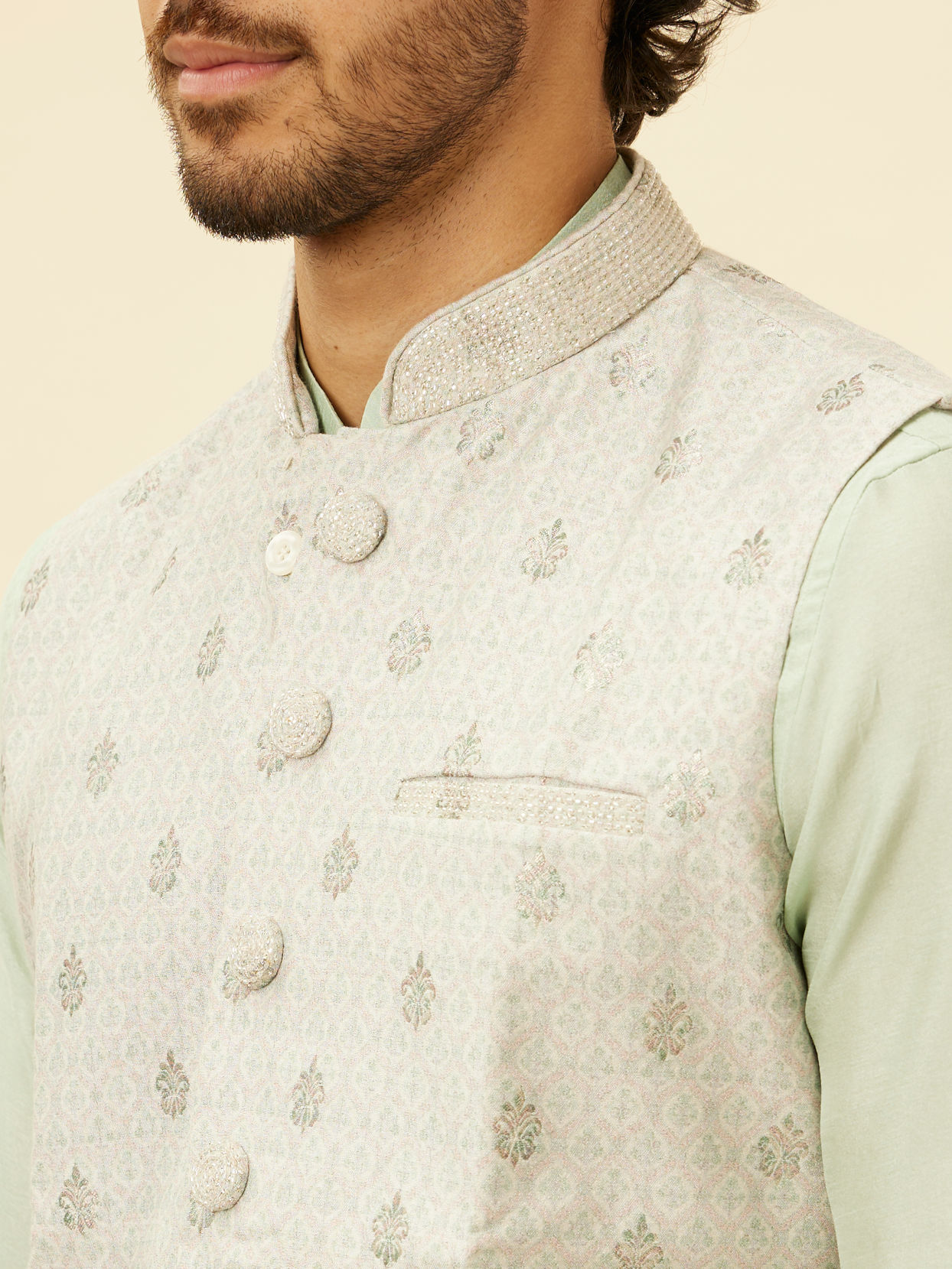 Manyavar Men Pistachio Green Buta Jaal Patterned Jacket