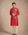 Manyavar Men Red Brocade Nehru Jacket with Self-Texture