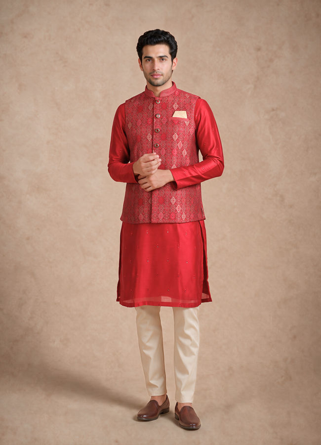 Manyavar Men Red Brocade Nehru Jacket with Self-Texture