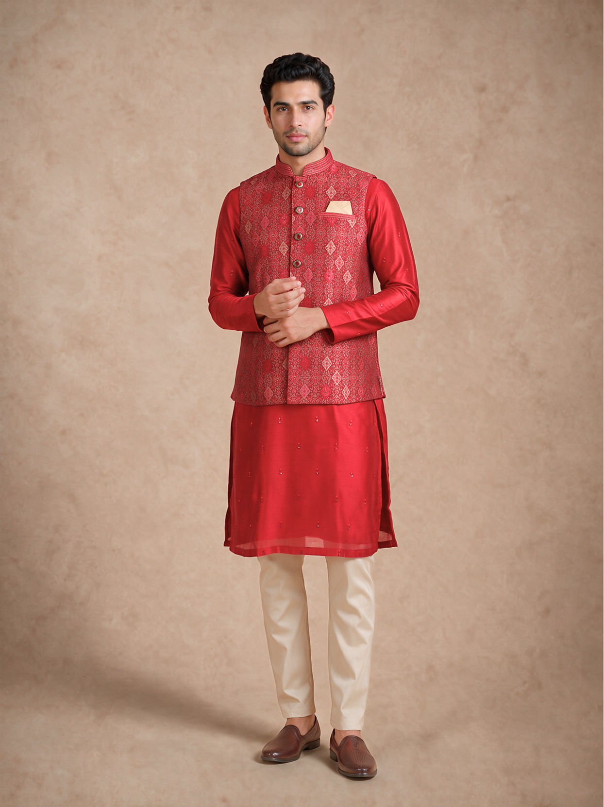 Manyavar Men Red Brocade Nehru Jacket with Self-Texture