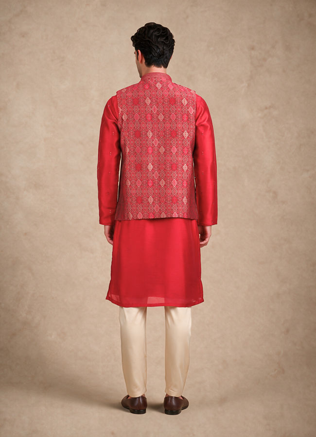 Manyavar Men Red Brocade Nehru Jacket with Self-Texture