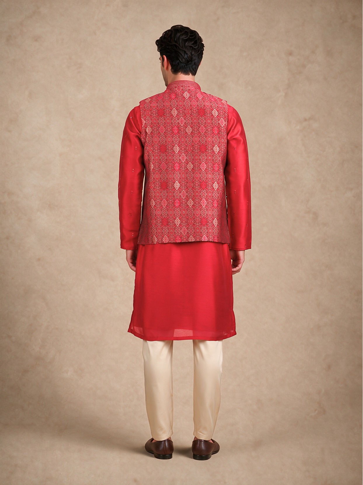Manyavar Men Red Brocade Nehru Jacket with Self-Texture