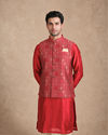 Manyavar Men Red Brocade Nehru Jacket with Self-Texture