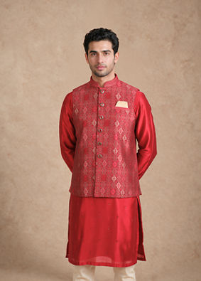 Manyavar Men Red Brocade Nehru Jacket with Self-Texture