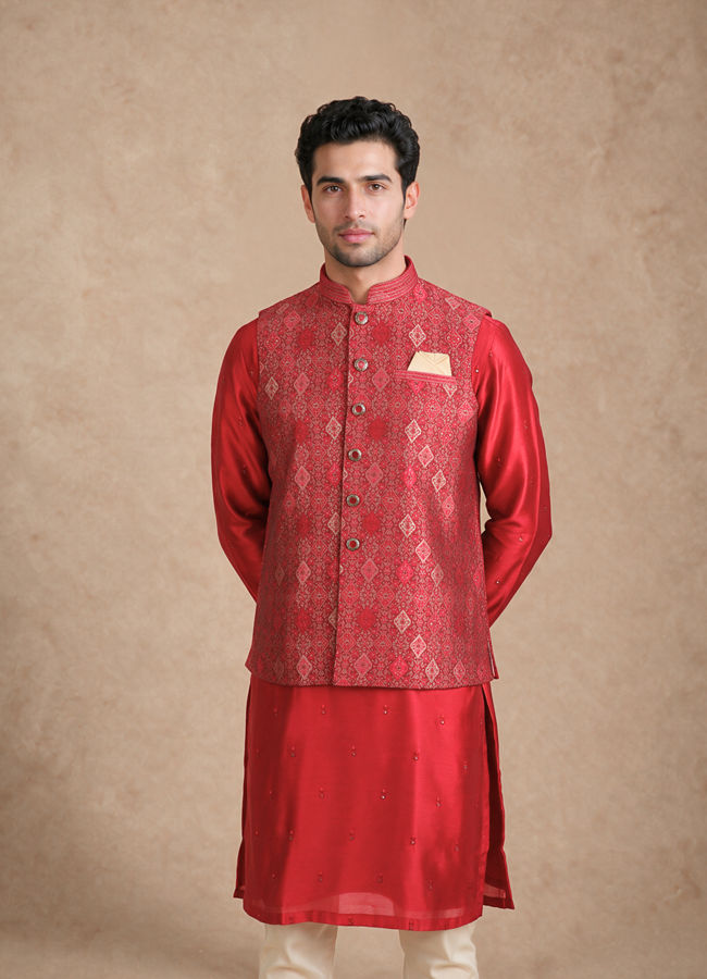 Manyavar Men Red Brocade Nehru Jacket with Self-Texture