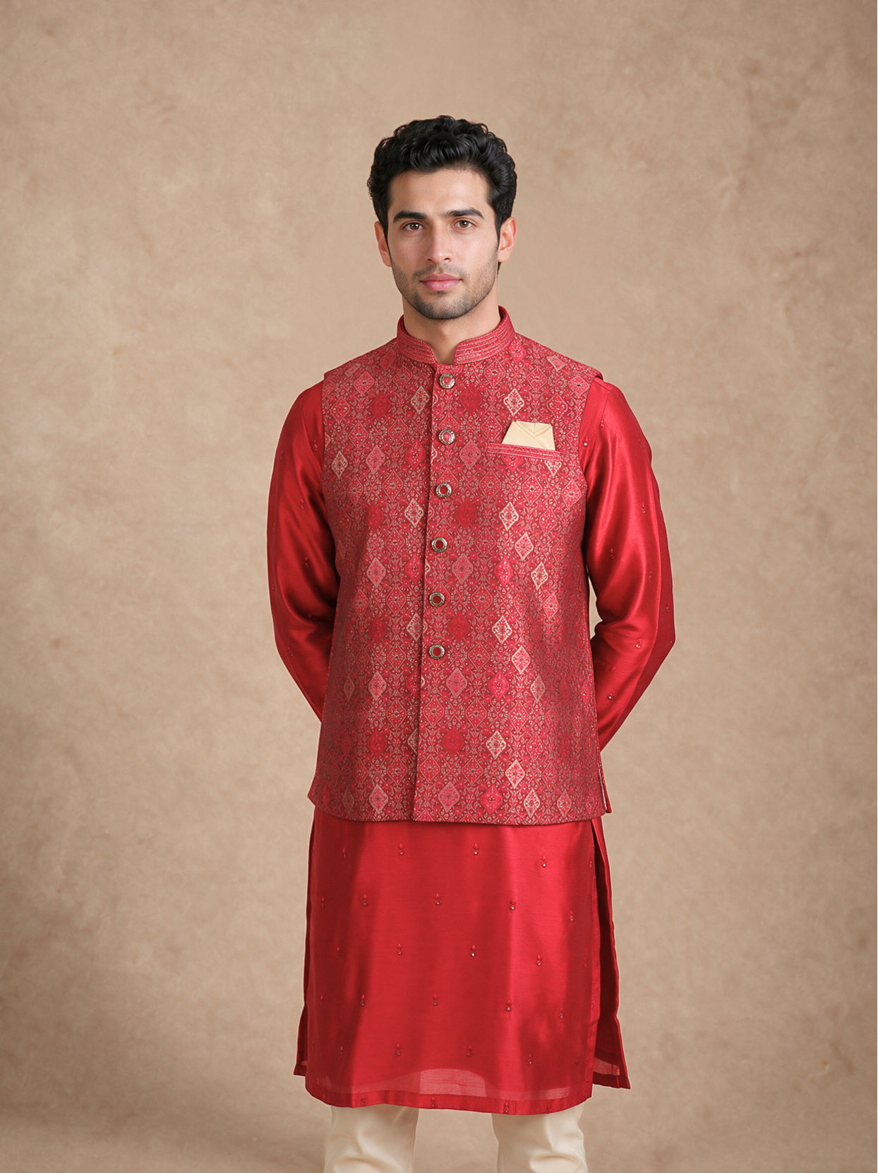 Manyavar Men Red Brocade Nehru Jacket with Self-Texture