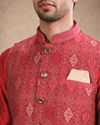Manyavar Men Red Brocade Nehru Jacket with Self-Texture
