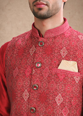 Manyavar Men Red Brocade Nehru Jacket with Self-Texture