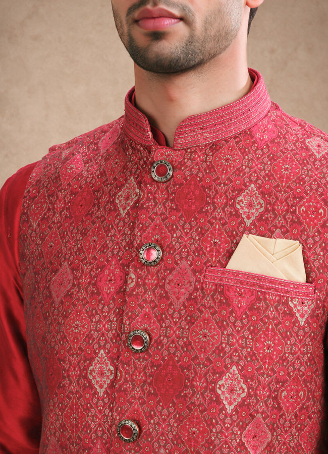 Manyavar Men Red Brocade Nehru Jacket with Self-Texture
