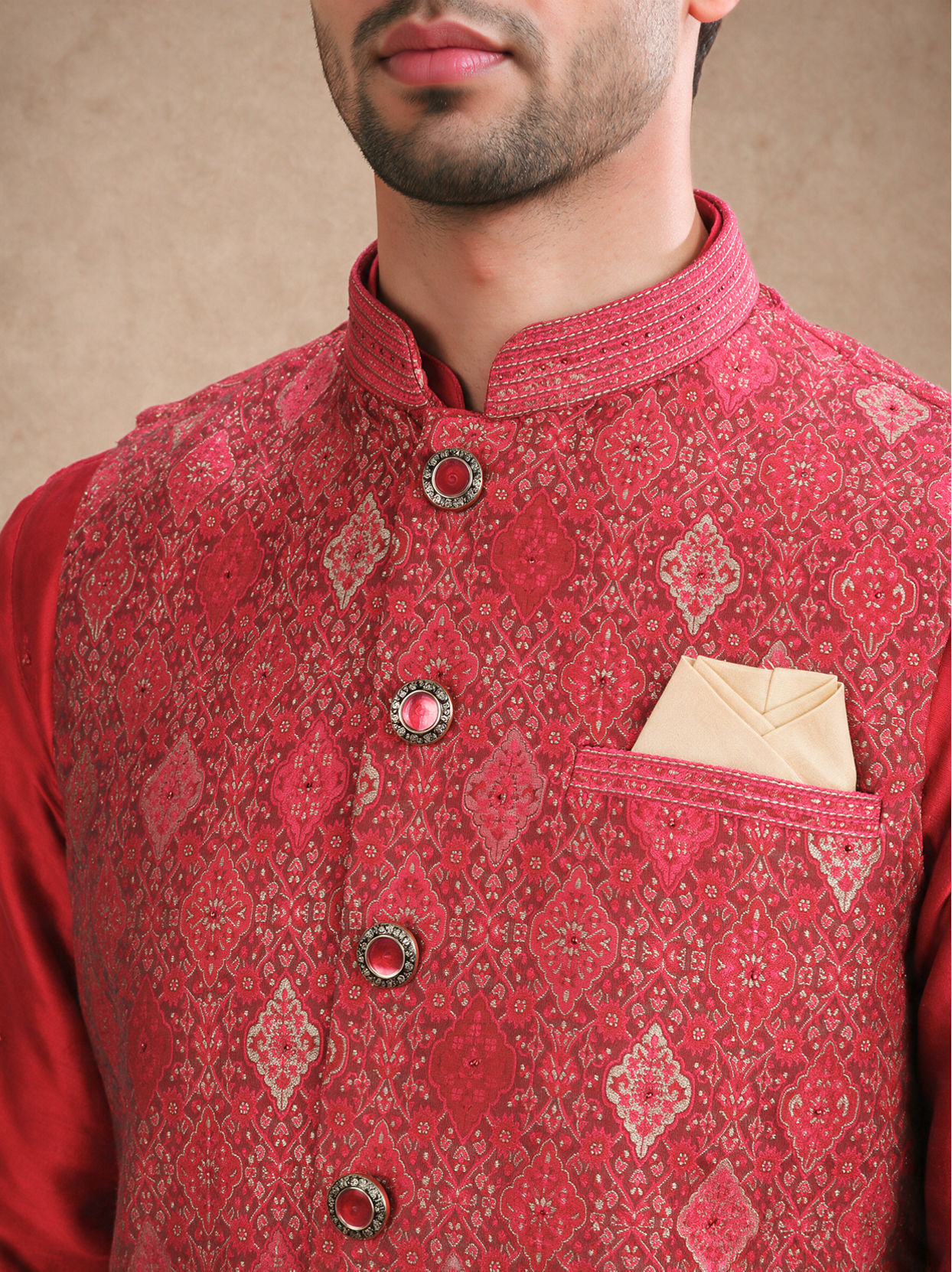 Manyavar Men Red Brocade Nehru Jacket with Self-Texture