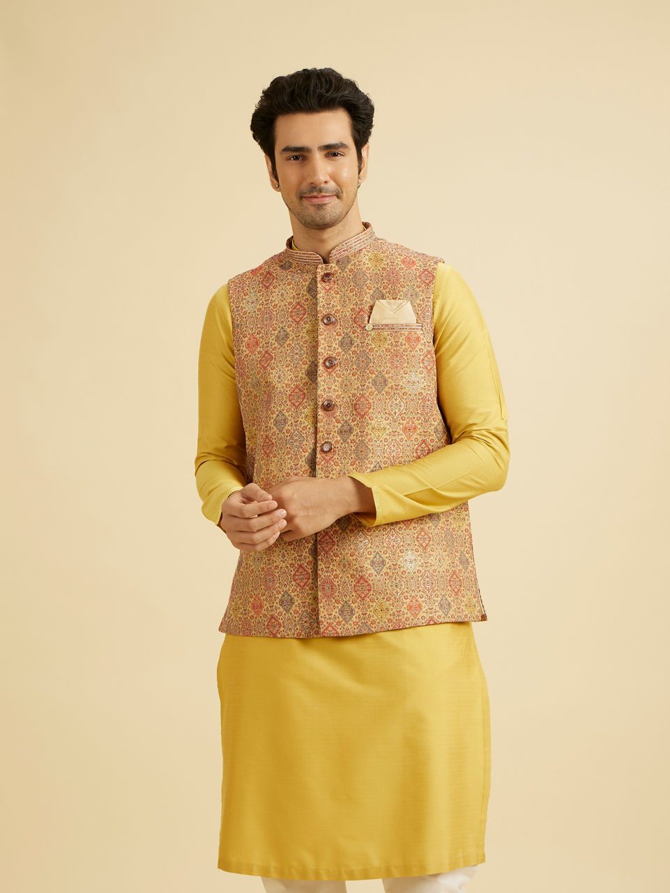Manyavar Men Fawn Conch Shell Patterned Nehru Jacket