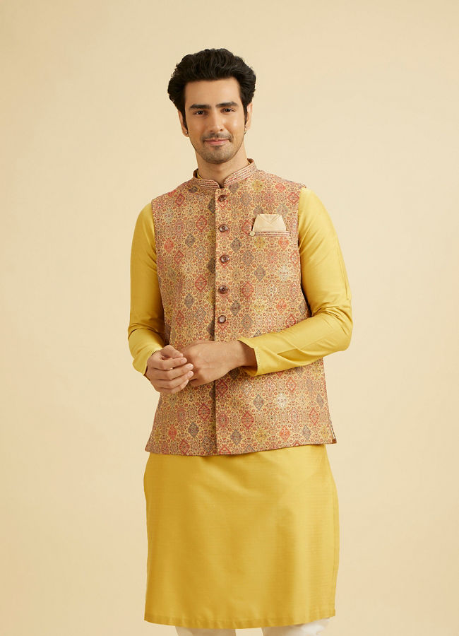 Manyavar Men Fawn Conch Shell Patterned Nehru Jacket