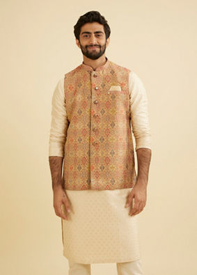 Manyavar Men Brocade Fawn Hue Nehru Jacket