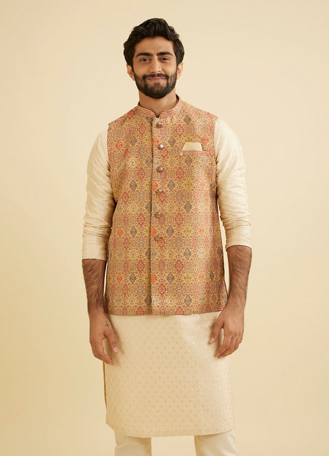 Manyavar Men Brocade Fawn Hue Nehru Jacket image number 0