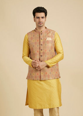 Manyavar Men Fawn Conch Shell Patterned Nehru Jacket