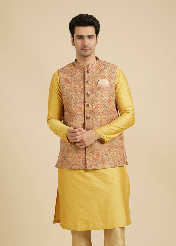 Manyavar Men Fawn Conch Shell Patterned Nehru Jacket