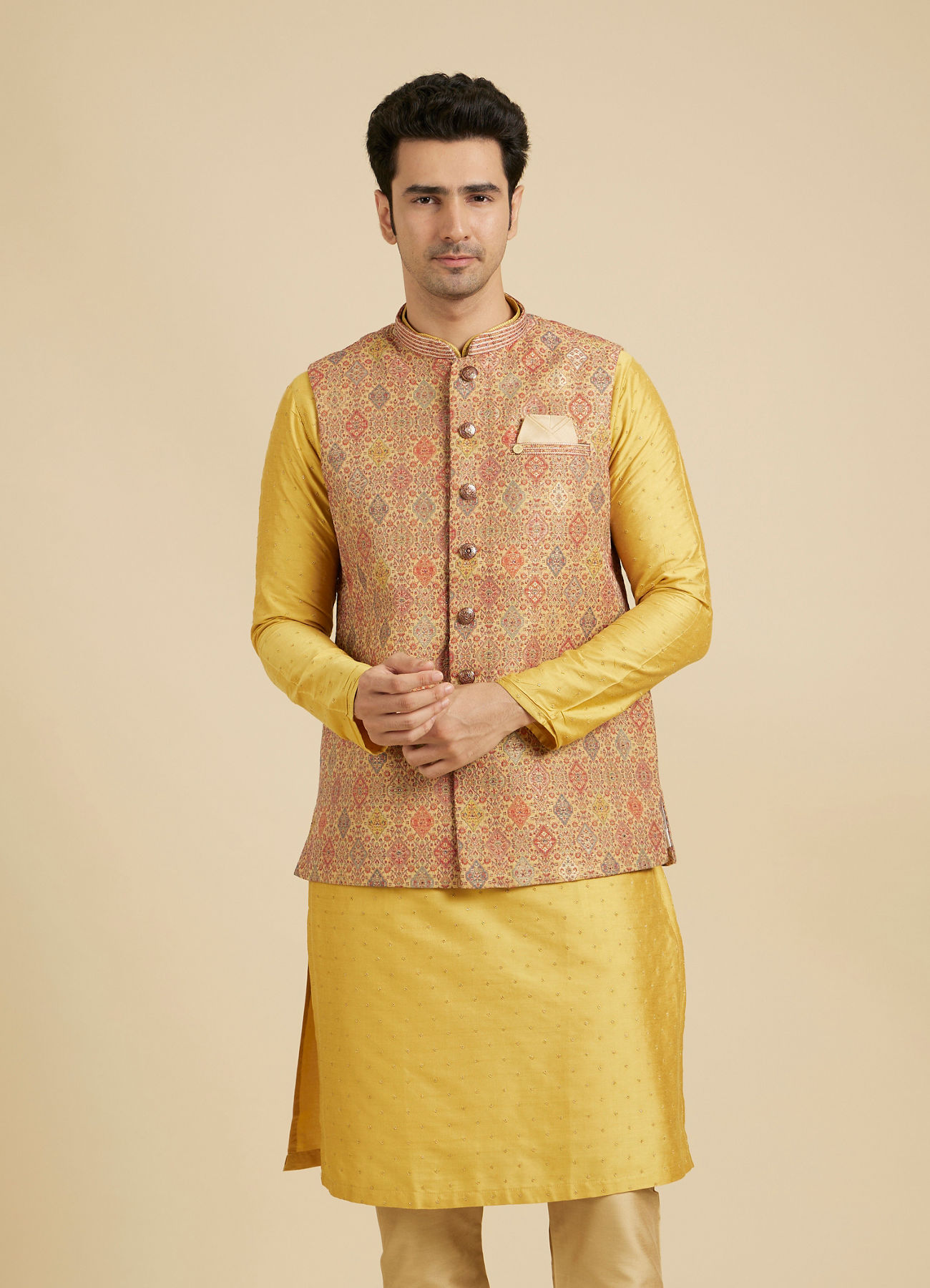 Manyavar Men Fawn Conch Shell Patterned Nehru Jacket