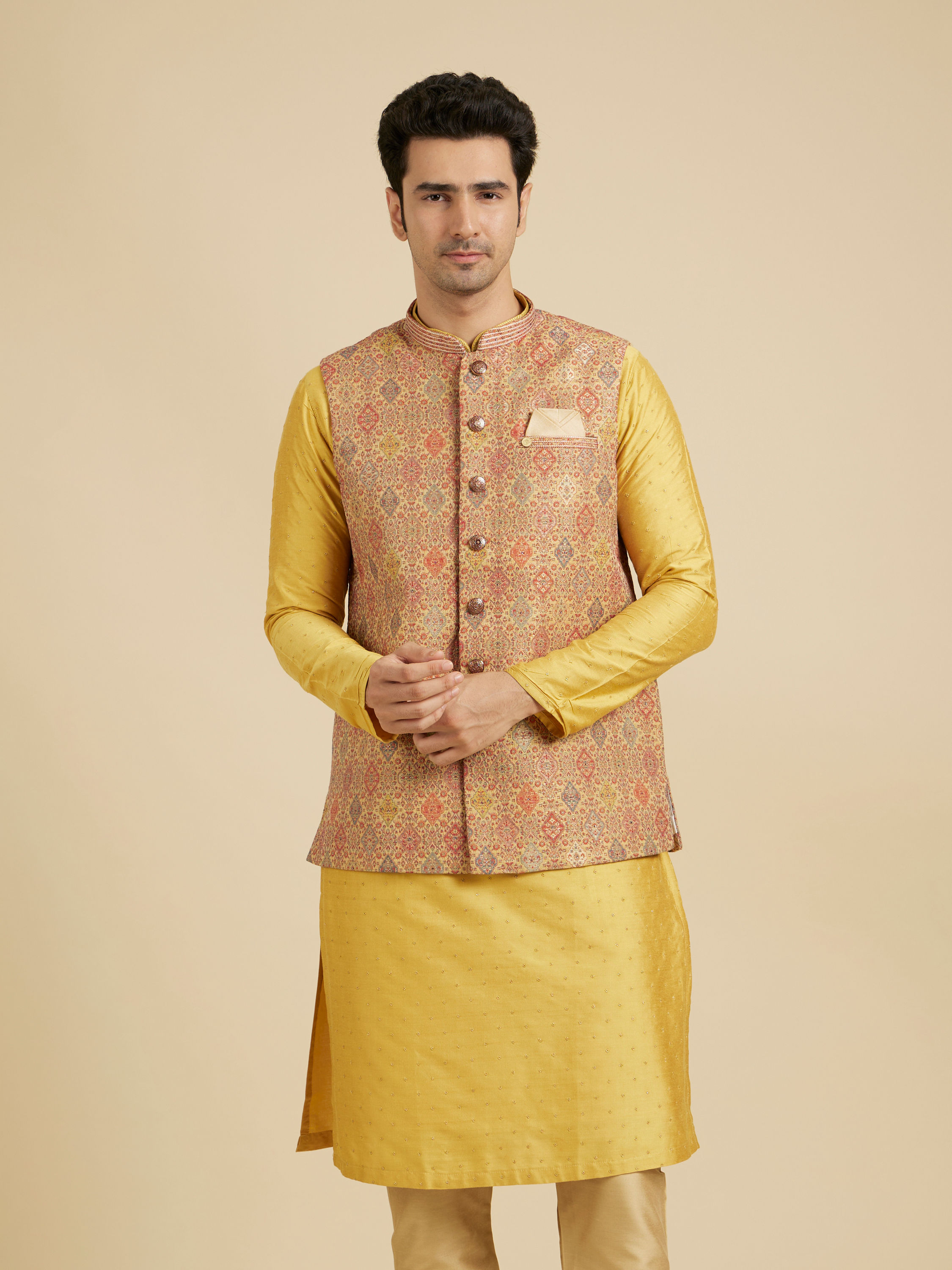 Manyavar Men Fawn Conch Shell Patterned Nehru Jacket