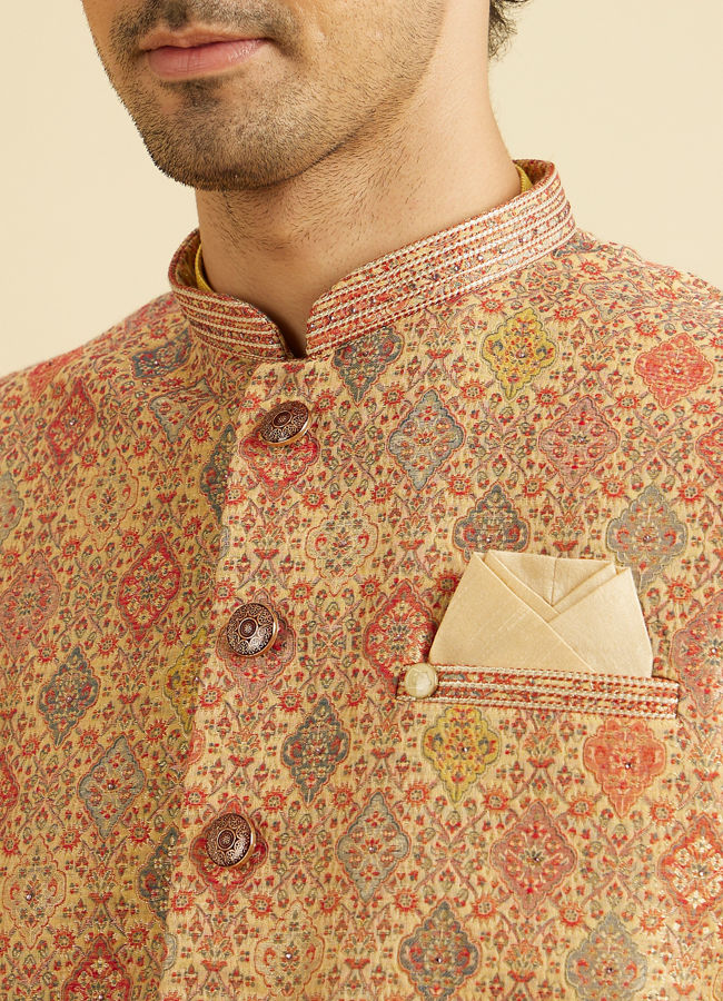 Manyavar Men Fawn Conch Shell Patterned Nehru Jacket